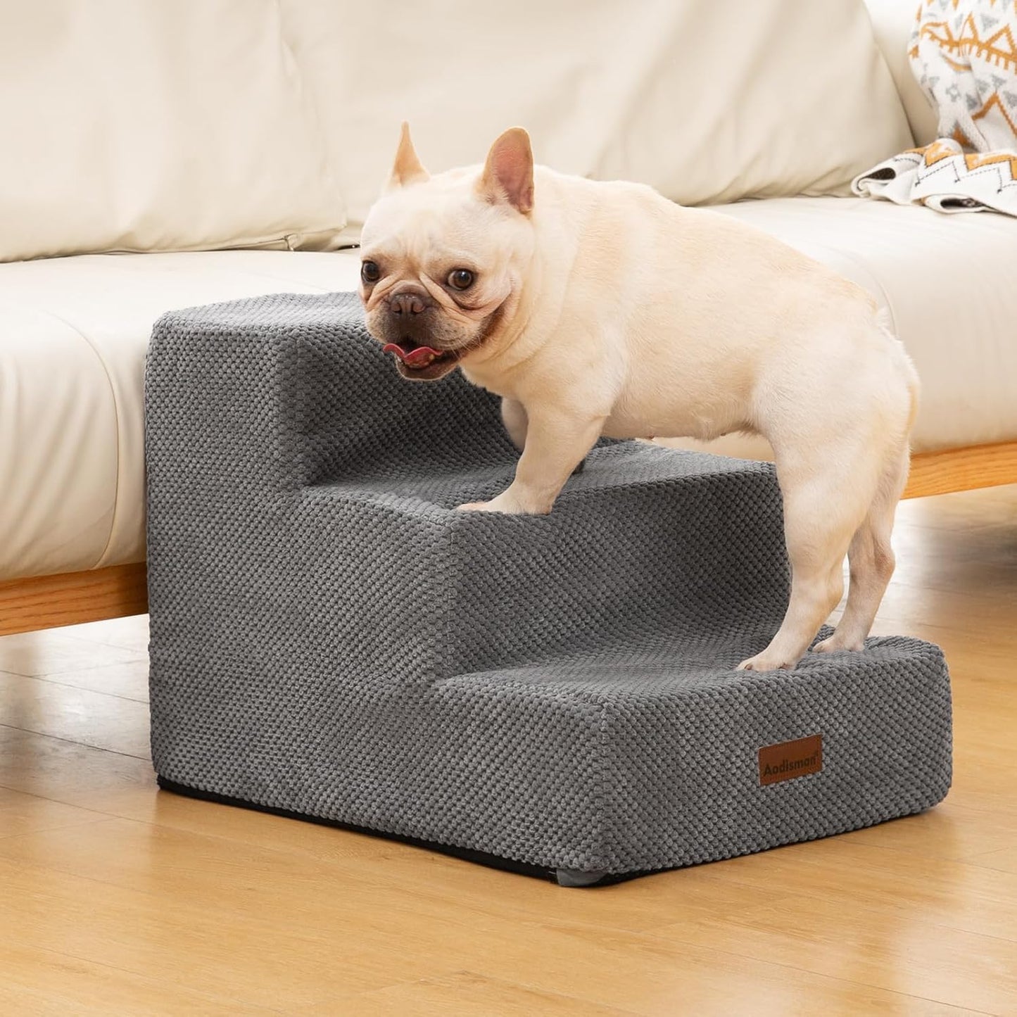 Dog Stairs for Small Dogs & Cats,3-Step Extra Wide Non-Slip Pet Steps for Couch Sofa and Chair,Grey,15.7" H