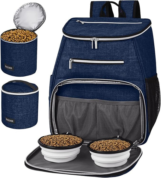BAGLHER丨Dog Travel Bag Backpack, Airline Approved Pet Supplies Backpack, Dog Travel Bag with 2 Silicone Collapsible Bowls and 2 Food Baskets Dark Blue