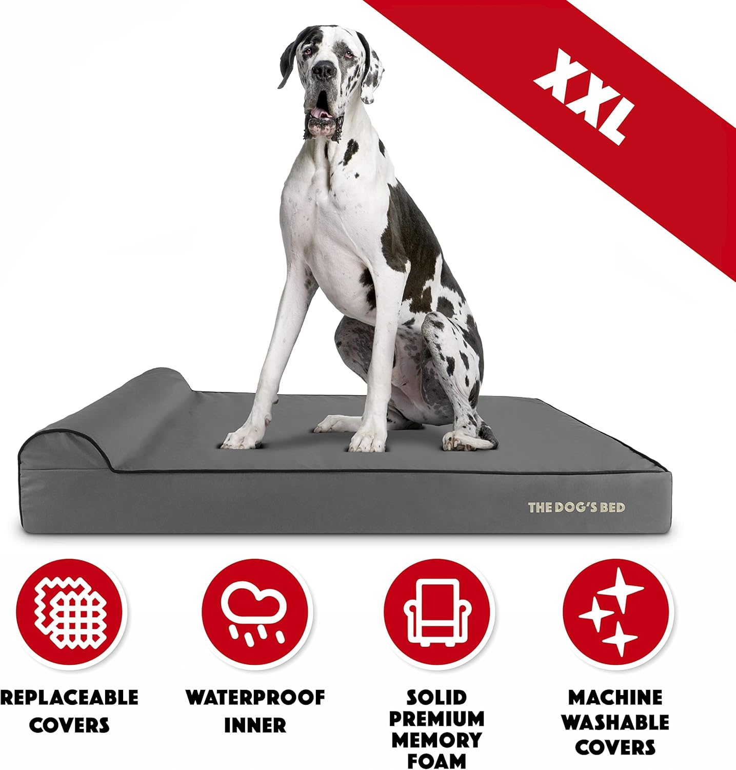 The Dog’s Bed Orthopedic Headrest Dog Bed XXL Grey/Black 54x36, Memory Foam, Pain Relief for Arthritis, Hip & Elbow Dysplasia, Post Surgery, Lameness, Veterinary Approved, Waterproof Washable Cover
