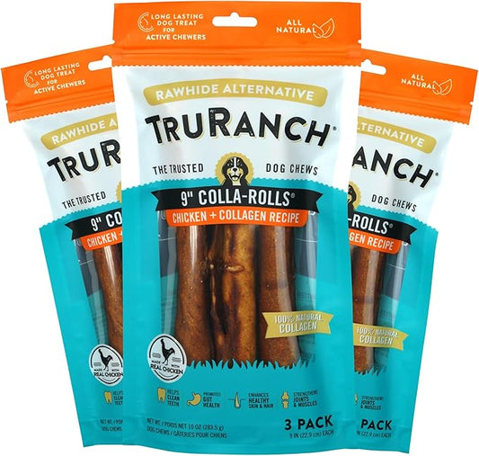 Collagen Rolls - 9" Collagen Rolls for Dogs - Long Lasting Healthy Joint Support - Rawhide Alternative - Skin & Coat Health - Made with Real Chicken, Value Pack, 3 Bags, 9 Count
