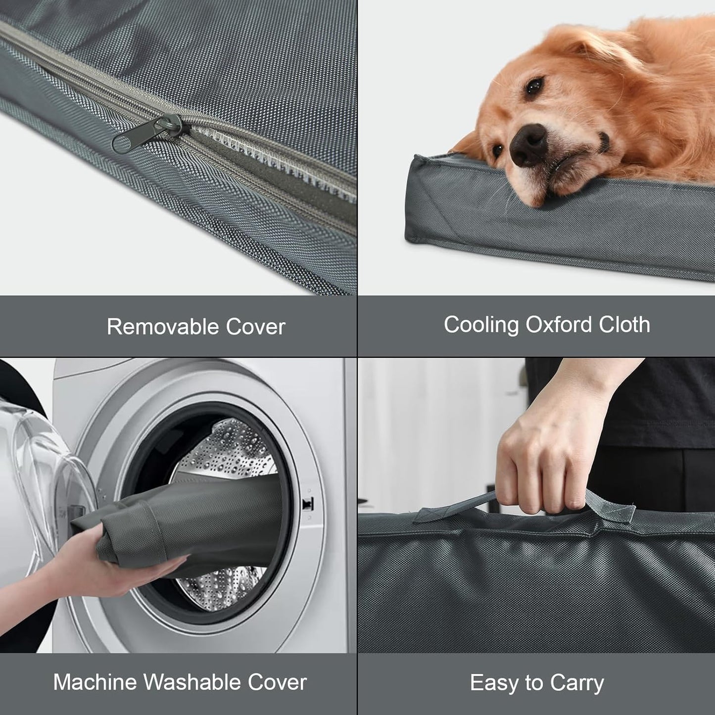 Outdoor Extra Large Dog Crate Bed, Big Waterproof Dog Bed for Large Dogs, Orthopedic Egg Foam Pet Bed Mat with Removable Cooling Cover, Grey