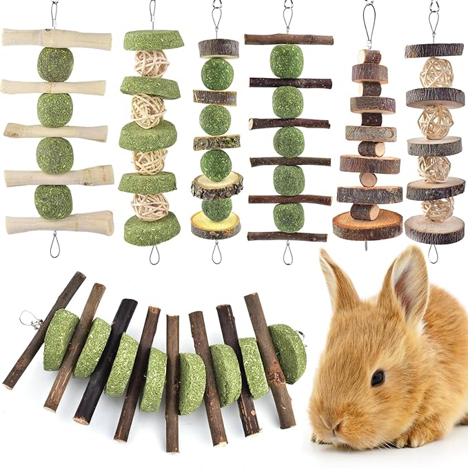 ERKOON Bunny Chew Toys, Rabbit Chew Toys for Teeth Grinding, Improve Dental Health, 100% Natural Apple Wood Timothy Grass Cake Treats for Rabbits Guinea Pigs Chinchillas Bunnies Hamsters (7 Pcs)