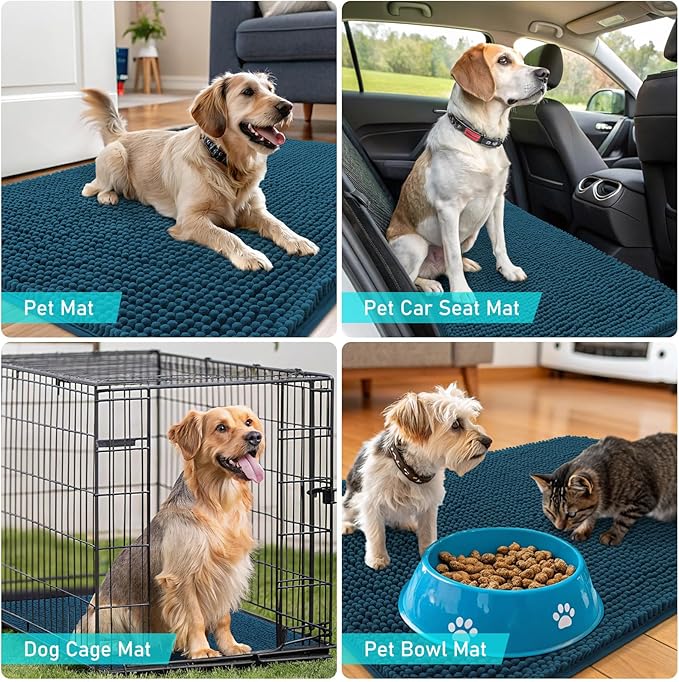 OLANLY Dog Door Mat Set 2-Piece 24x16, Absorbs Moisture and Dirt, Absorbent Non-Slip Washable Doormat, Quick Dry Chenille Mud Mat for Dogs, Entry Indoor Entryway Carpet for Inside Floor, Atlantic Blue