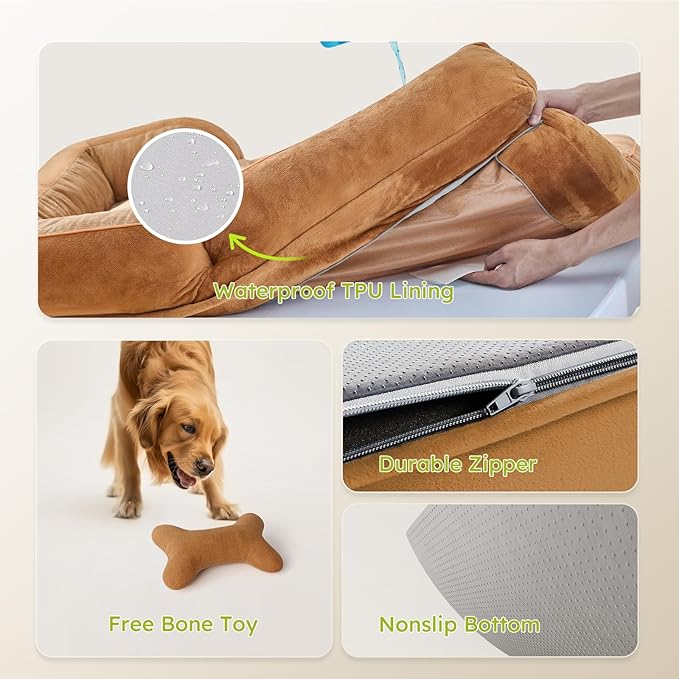 XXL Dog Bed for Extra Large Dogs, Giant Orthopedic Dog Bed with Cooling Gel Memory Foam, Waterproof Pet Bed with Removable Washable Cover, 53" Pet Sofa Bed Dutch Velvet with Bone Toy, Brown