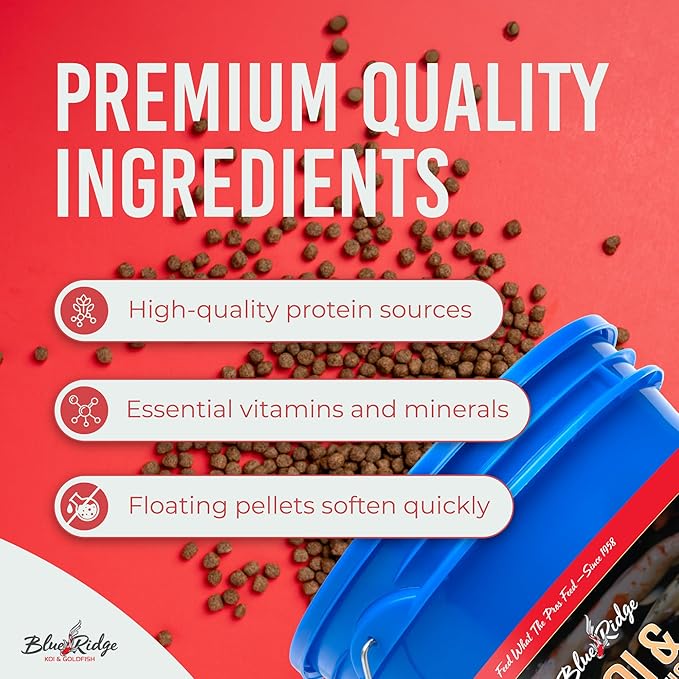 Blue Ridge Koi Fish Food 14lb Bucket - Cool Water Wheat 3/16", Fall and Winter Floating Pond Pellets, Ponds Fish Food