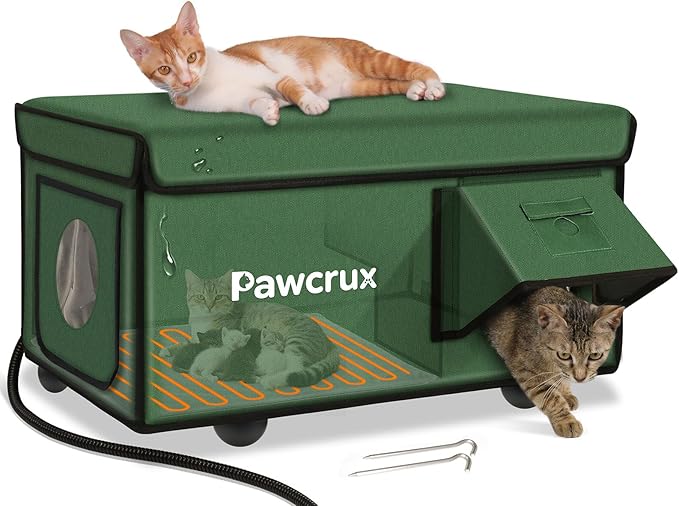 Weatherproof Heated Cat House for Outdoor in Winter, Heated Cat Bed Kitty Shelter with Cat Heating Pad, Insulated & Safe Escape Door, Warm Home for Outside Stray Cat