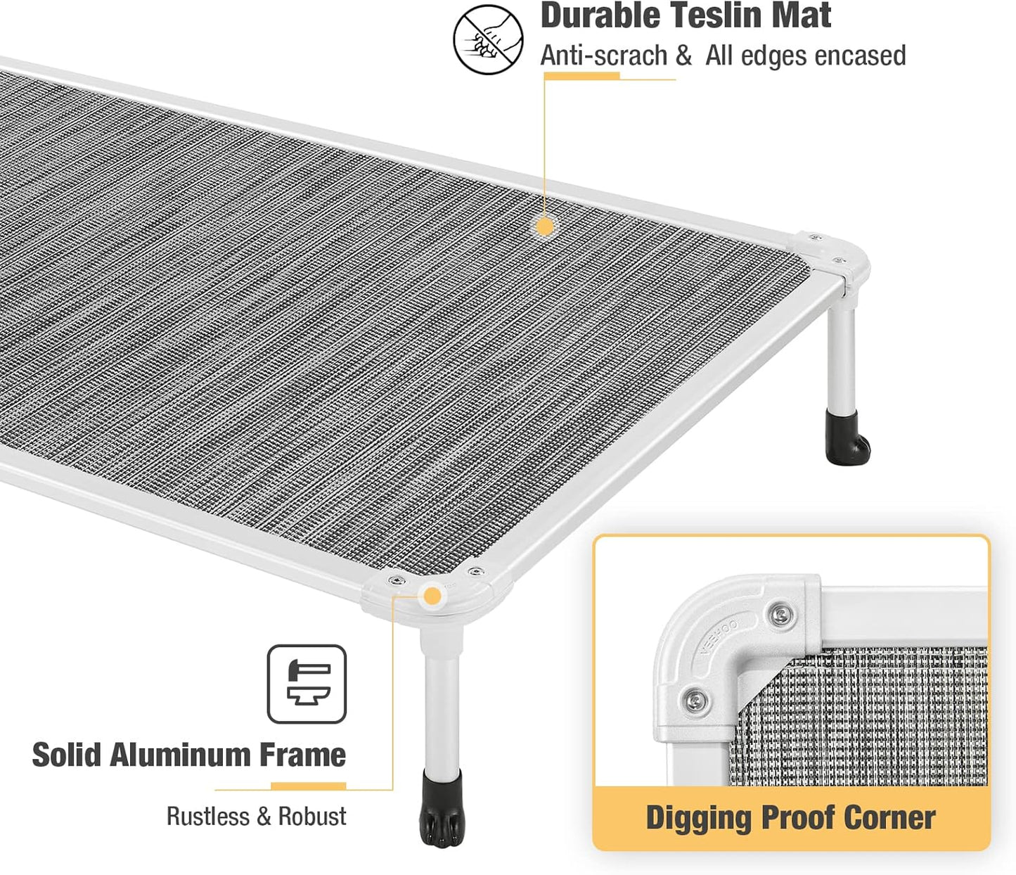 Veehoo Chew Proof Elevated Dog Bed - Cooling Raised Pet Cot - Silver Aluminum Frame and Durable Textilene Mesh Fabric, Unique Designed No-Slip Feet for Indoor or Outdoor Use, Black Silver, Medium
