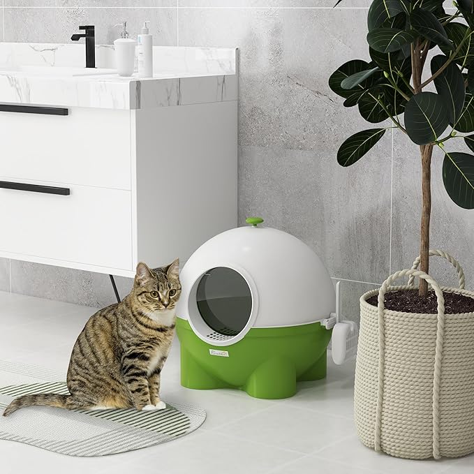 PawHut Hooded Cat Litter Box, Large Kitty Litter Pan with Lid, Scoop, Leaking Sand Pedal, Top Handle, Dark Green