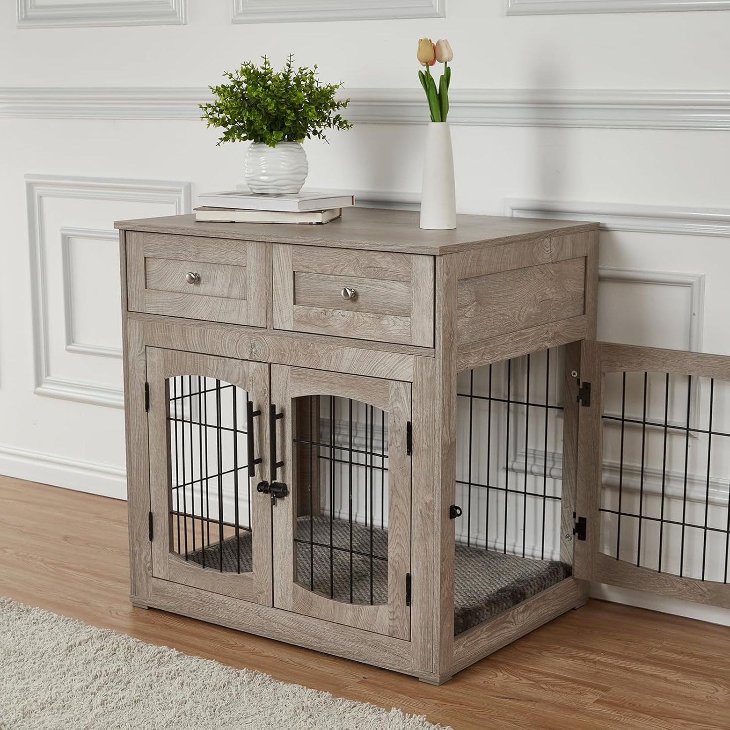 Dog Crate Furniture for Medium Dogs, Wooden Dog Kennel Indoor with Double Doors, Dog Cage with Cushion & Drawers, Dog House Side End Table for Small Medium Dogs up to 45 lb, 31.5” L, Grey