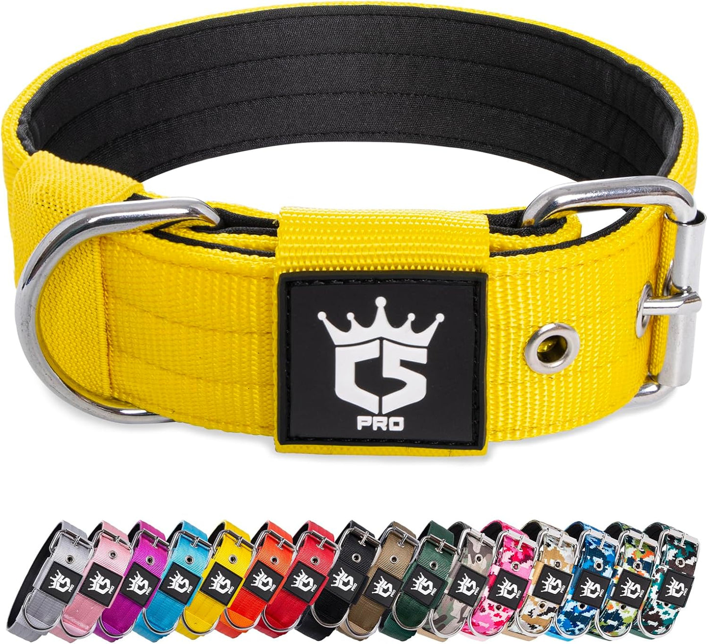 TSPRO Tactical Dog Collar 1.5 Inch Wide Thick Dog Collars with Heavy Duty Metal Buckle, Durable, Strong, Adjustable for Medium to Large Dogs (Yellow L)