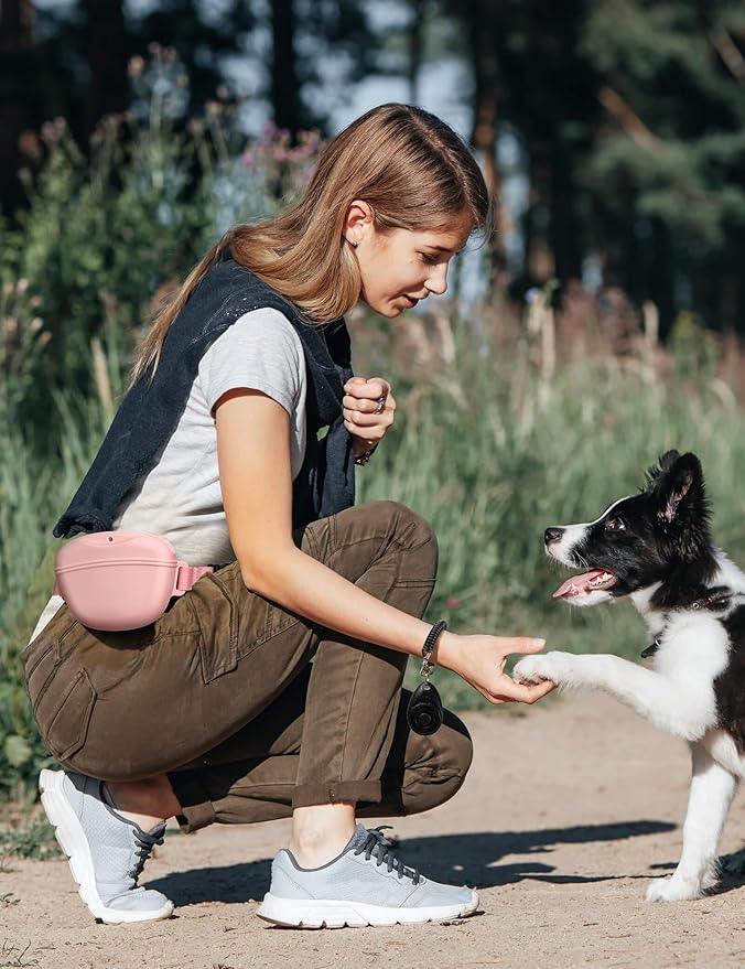 Dog Treat Pouch with Training Clicker, Upgrade Stronger Magnetic Closure to Avoid Spilling, 1.67 Cup Silicone Treat Bag Fanny Pack with Waist Belt for Pet Training Walking (Pink)