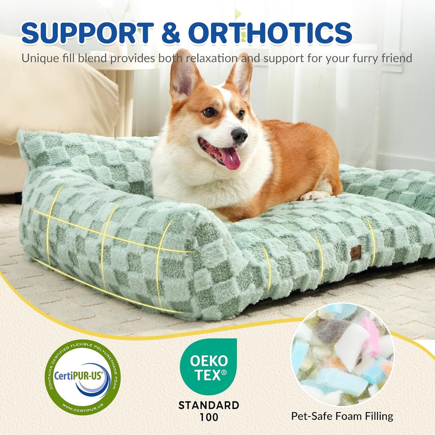 Large Dog Bed Sofa, Fluffy Pet Bed for Medium and Large Dogs, Supportive Dog Couch Sofa for Dogs, Pet Sofas with Washable Cover & Non-Slip, 38 inch, Green