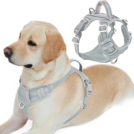 BARKBAY Dog Harness No Pull with ID Tag Pocket - Heavy Duty, Reflective, Easy Control for Large Dogs(Grey,L)