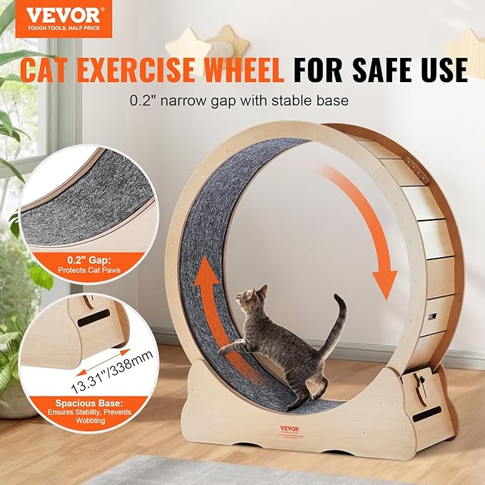 VEVOR Wooden Cat Exercise Wheel, 43.3" Large Cat Treadmill Wheel for Indoor Cats, Cat Running Wheel with Detachable Carpet & Cat Teaser for Running/Walking/Training, Suitable for Most Cats Yellow
