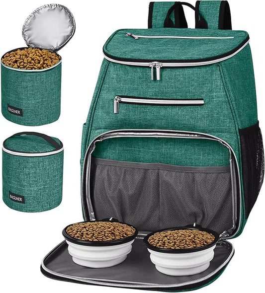 BAGLHER丨Dog Travel Bag Backpack, Airline Approved Pet Supplies Backpack, Dog Travel Bag with 2 Silicone Collapsible Bowls and 2 Food Baskets Green