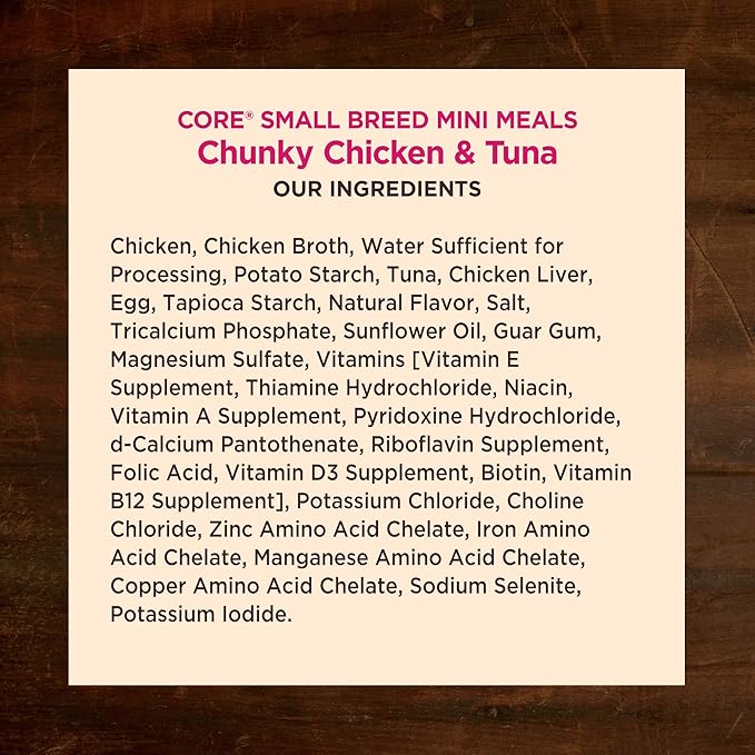 Wellness CORE Natural Grain Free Small Breed Mini Meals Wet Dog Food, Chunky Chicken & Tuna Dinner in Gravy, 3-Ounce Pouch (Pack of 12)