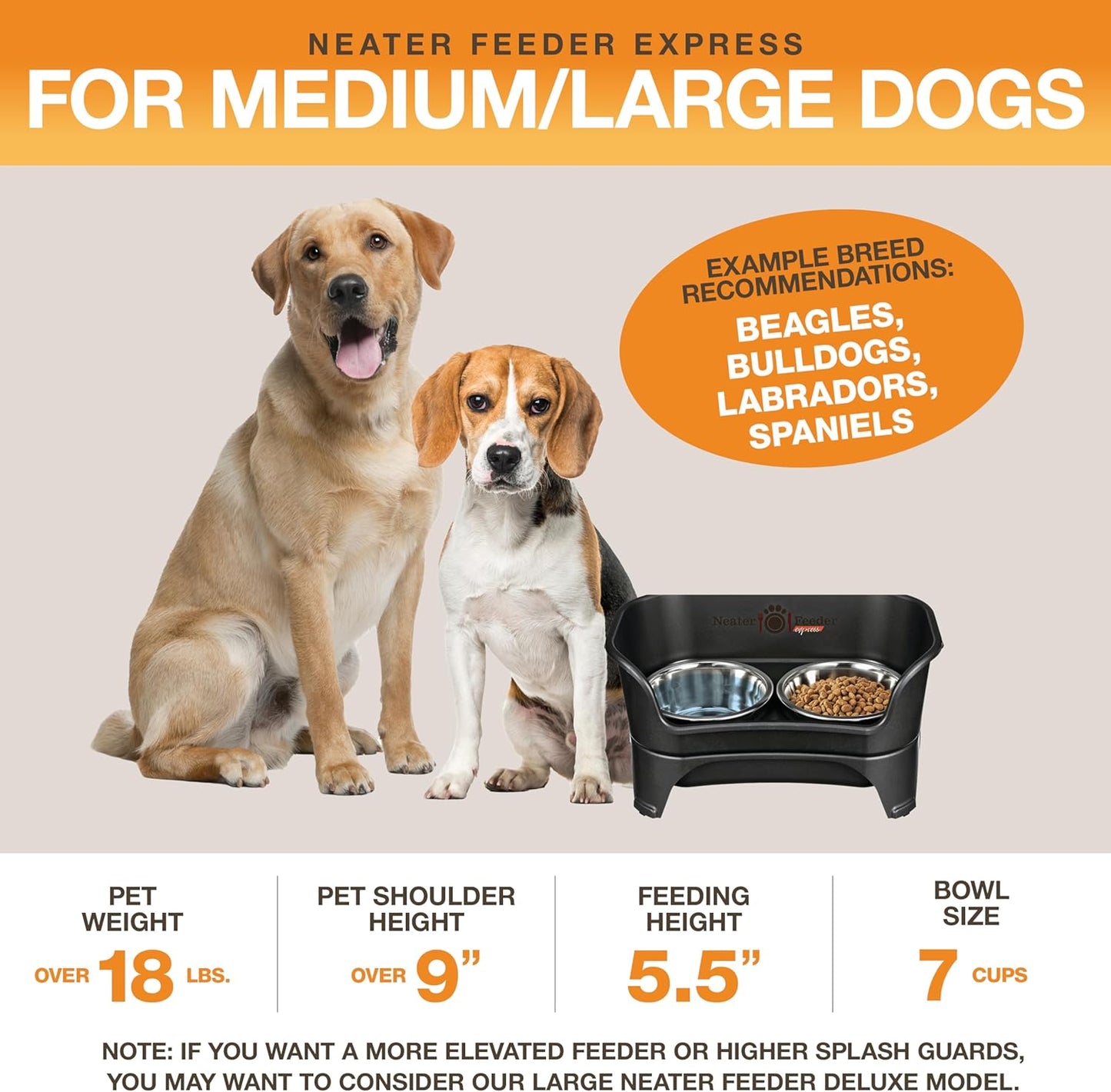 Neater Feeder Express Mess Proof Dog Bowls Elevated for Medium to Large Sized Breed, No Spill Raised Dog Food Bowl Stand, Stainless Steel Food and Water Bowl Set, Pet Dish Feeding Station, Black