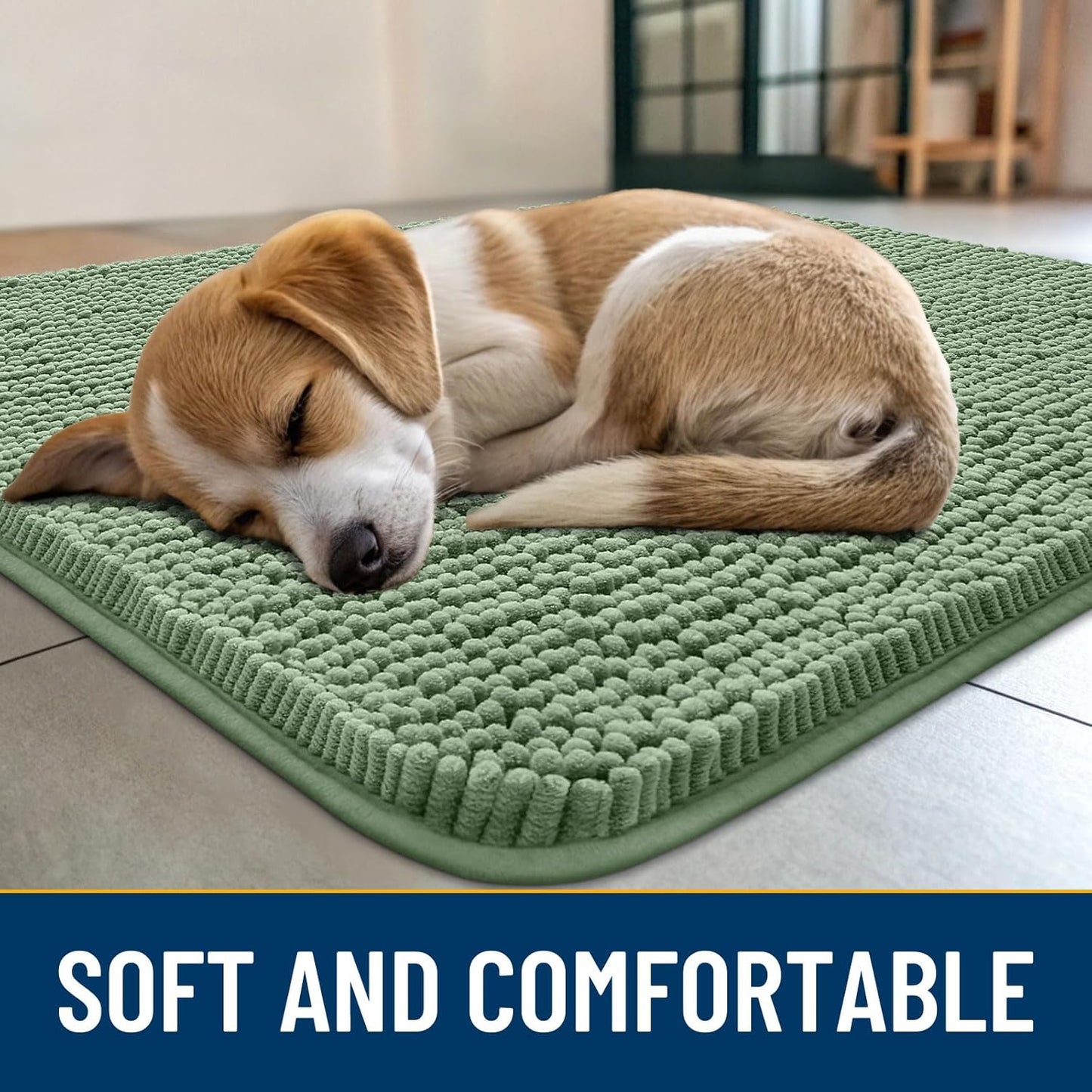 Smiry Dog Door Mat for Muddy Paws 36x24, Absorbs Moisture and Dirt Doormat, Non-Slip Washable Quick Dry Chenille Front Door Mat Indoor Entrance, Entryway Carpet for Inside Floor, Olive Green