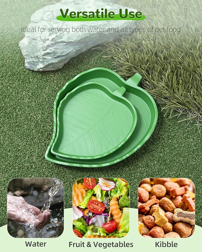 Pawfly 2 Pcs Leaf Reptile Water Dish, Reptile Water Bowl, Tortoise Habitat Accessories, Bearded Dragon Water Bowl, Pet Food Feeding Plate for Turtle Small Snake Lizard, 2 Sizes