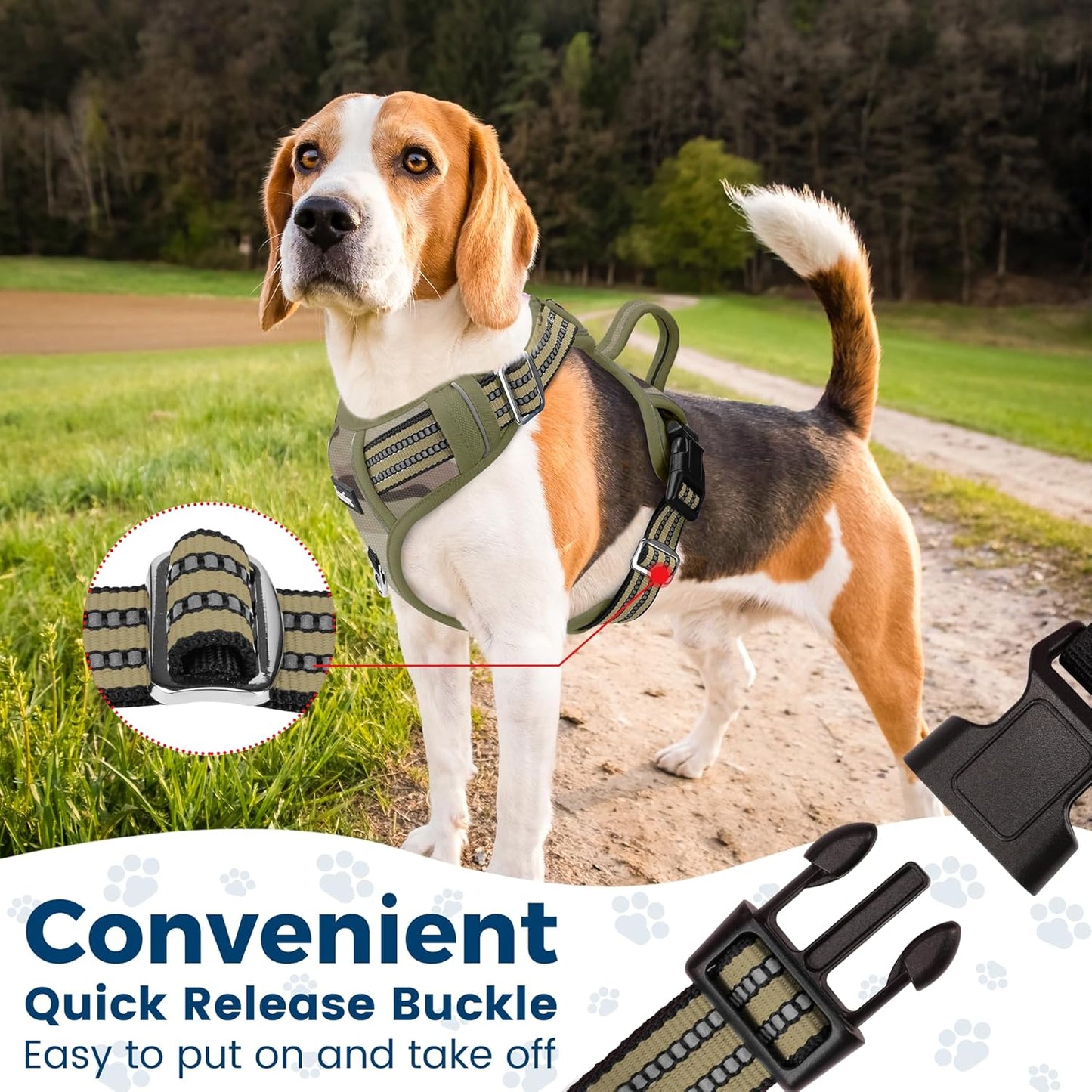 Funfox Dog Harness No Pull, Adjustable Pet Vest Harness, Super Soft Material with Vertical Handle Easy Control, Reflective Night Walking, 2 Leash Clips for Small Sized Dogs, Camo Green, S