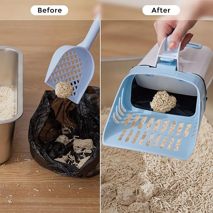 Cat Litter Scoop with Holder & Trash Can, 3-in-1 Mess-Free Poop Scooper Includes 90 Bags, Litter Box Scoop Shovel for Sifter Box Waste Disposal, Blue White