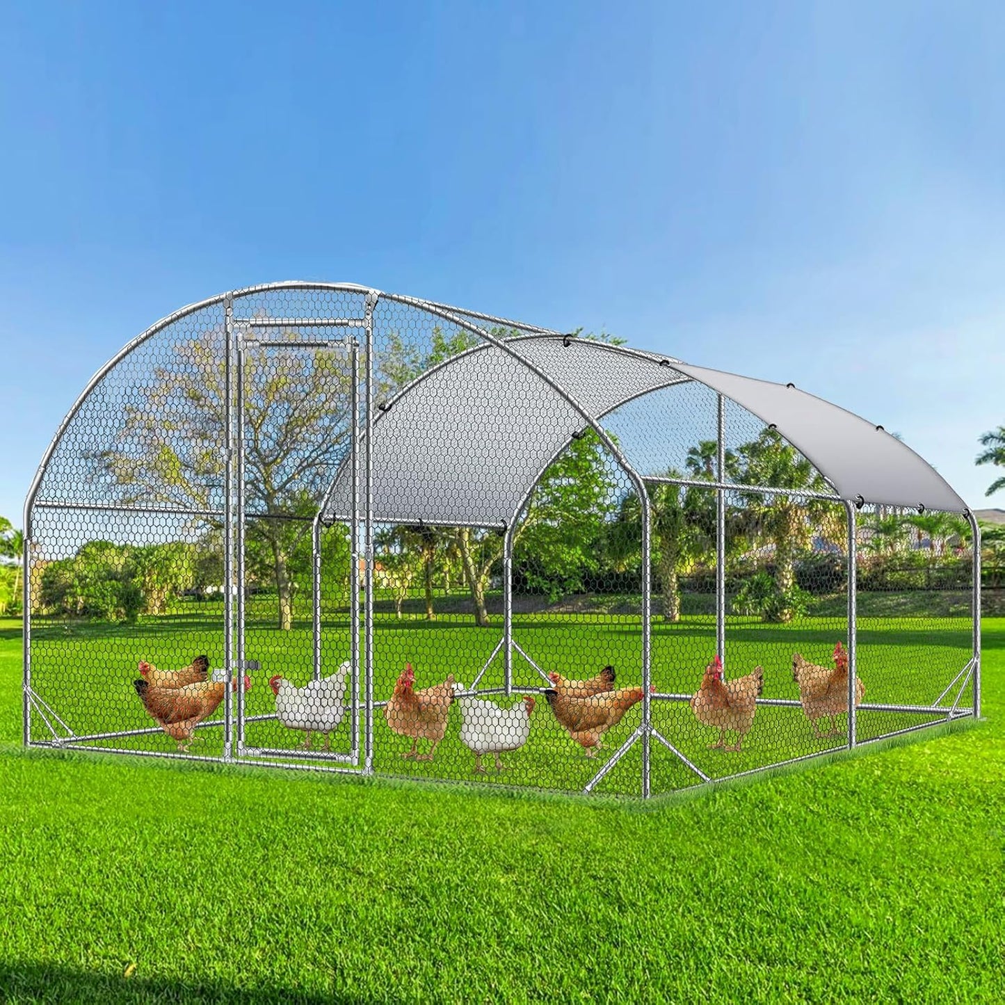 4ever2buy Large Metal Chicken Coop with Run Walk-in Poultry Cage Chicken Runs House Pen Cage Dome Roofed Chicken Coops with Anti-Ultraviolet Cover for Outdoor Yard Farm Use 9.5'W x 12.9'L x 6.3'H