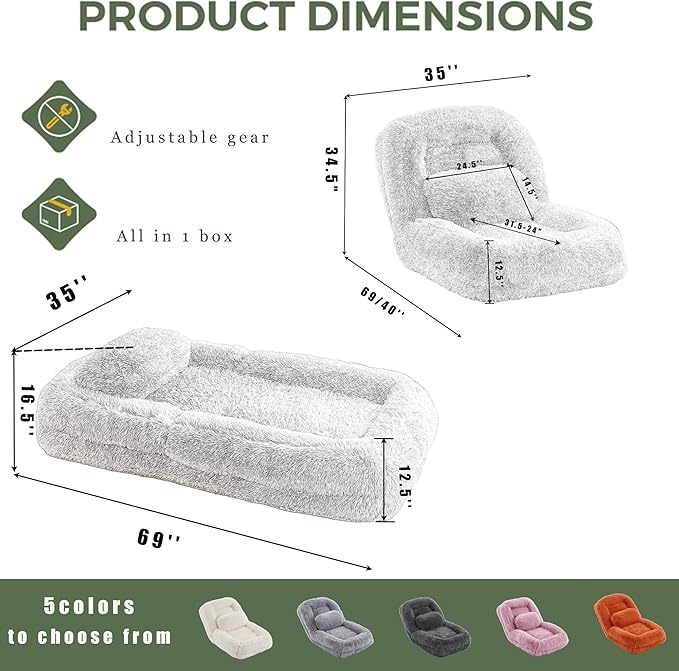 Beige Foldable Human Dog Bed - 69"x35"x12" Fits You & Pets with Comfy Pillow, Washable Faux Fur, Oversized Lounger Lazy Sofa Beds with 5 Adjustable Position
