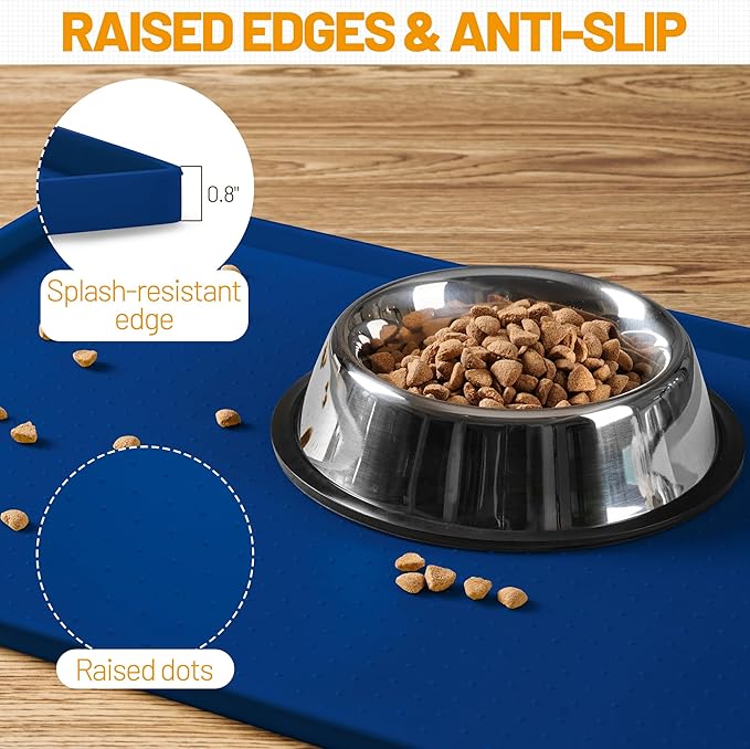 Hubulk Dog Feeding Mat,100% Waterproof Food Grade Silicone Pet Food and Water Bowl Placemat,Dishwasher, High Raised Edge to Prevent Spills,Nonslip Tray to Stop Messes on Floor（28"x18"x0.8", Navy）