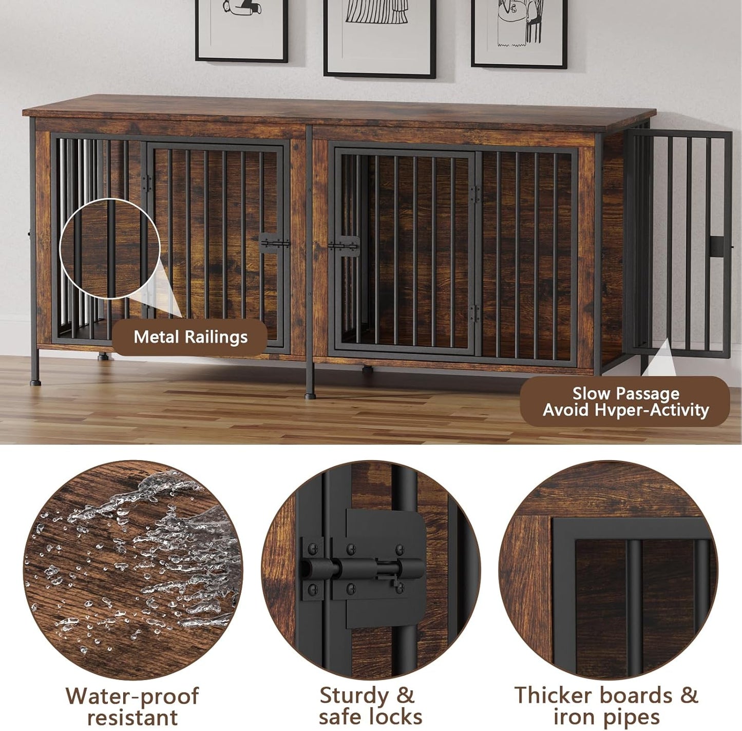 EasyCom 78 Inch Dog Crate Furniture for 2 Dogs, Extra Large Double Dog Cage Large Breed, XXL Thick Wooden Dog Crate TV Stand, Sturdy Dog Kennel with Divider