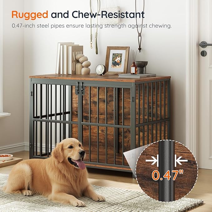 HOOBRO 38.6" Dog Crate Furniture, Wooden Dog Kennel Indoor, Heavy Duty Dog Cage for Small/Medium Dog, Decorative Side End Table, Rustic Brown and Black BF100GW03