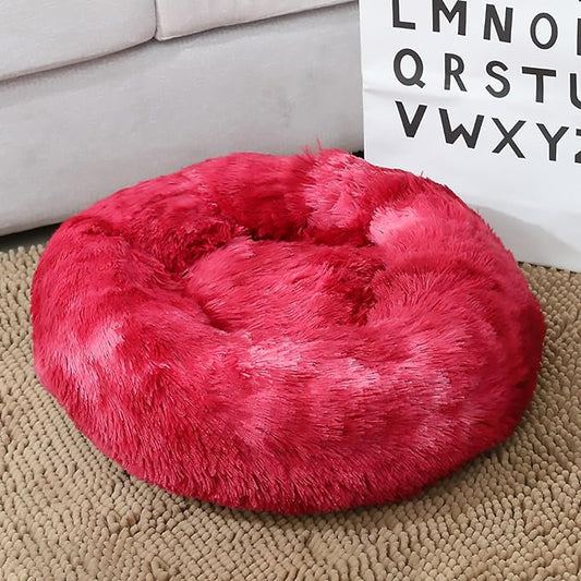 Calming Dog Bed for Small Dogs, Calming Donut Cuddler Pet Bed Anti Anxiety Round Dog Bed Fluffy Plush Faux Fur Cat Bed,Wine red,27.5IN