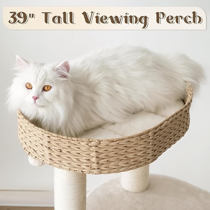 KAMABOKO Modern Cat Tree, 39" Tall Cat Trees for Indoor Cats, Cat Condo Natural Sisal with Scratching Posts, Hand-Woven Tower & Top Perch, Cat-Tree for Kittens Climb Play & Rest Black