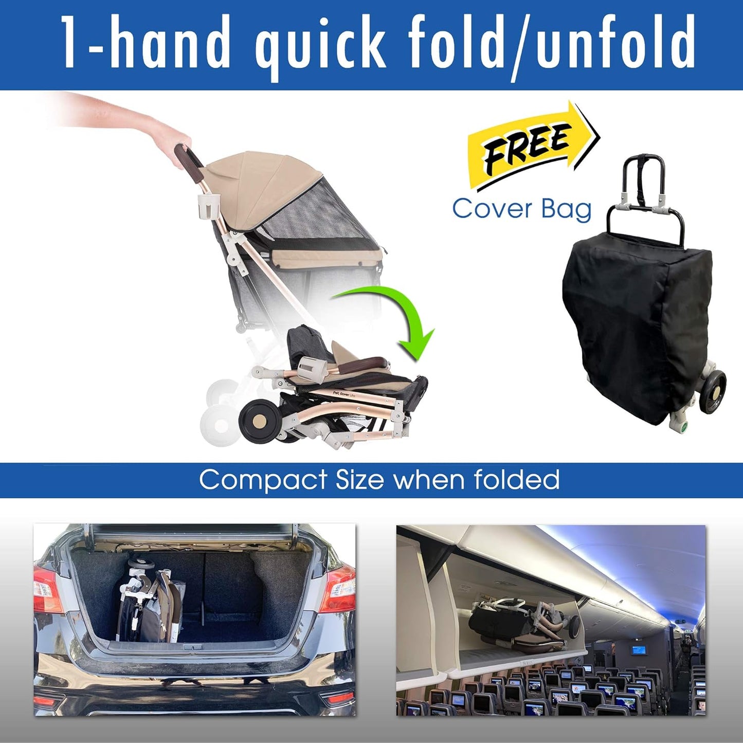 HPZ-PR America Pet Rover Lite Premium Light-Weight Dog/Cat/Pet Stroller Travel Carriage with Convertible Compartment/Aluminum Frame for Small & Medium Pets (Taupe 2nd-Gen.)