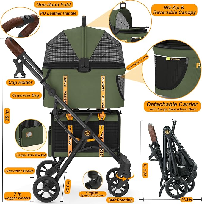 PAWZIDEA Double Pet Stroller with 2 Detachable Carriers, Portable Dog Crate for Car Travel & TSA-Approved Expandable Cat Carrier, Foldable Lightweight Jogger Stroller for 2–4 Cats or Small/Medium Dogs