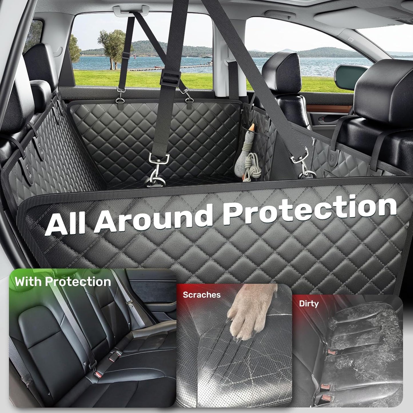 Zanch 2025 Upgraded Dog Car Seat Cover, 400 lbs Heavy Duty Hard Bottom, Waterproof & Anti-Scratch Back Seat Protector, Nonslip Pet Hammock Extender for Large Trucks, SUVs, Vans, XL-Black