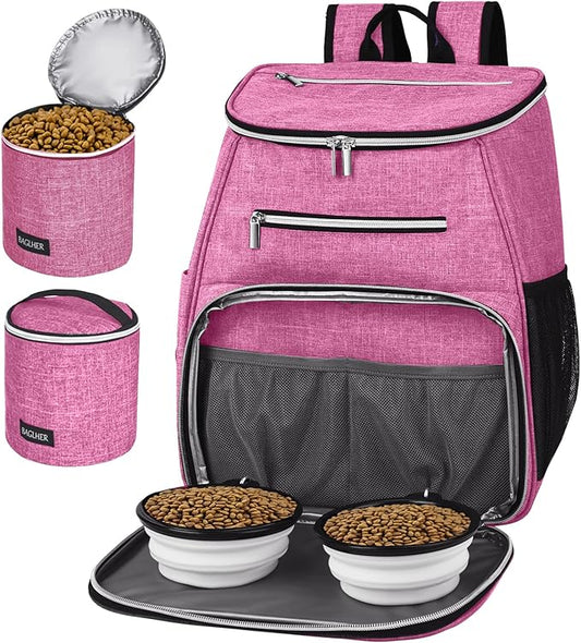 BAGLHER丨Dog Travel Bag Backpack, Airline Approved Pet Supplies Backpack, Dog Travel Bag with 2 Silicone Collapsible Bowls and 2 Food Baskets Pink