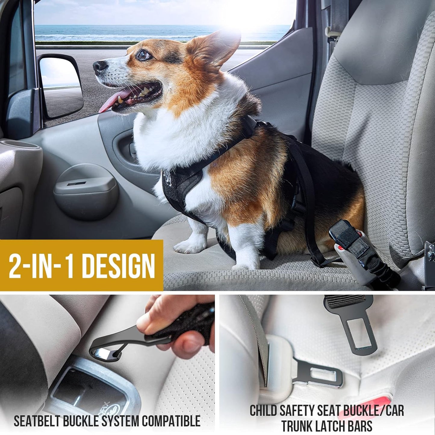 OneTigris Dog Safety Vest Harness, REX Car Use Dog Harness Adjustable Pet Harness with Leash for Medium Large Dogs(Black,L)