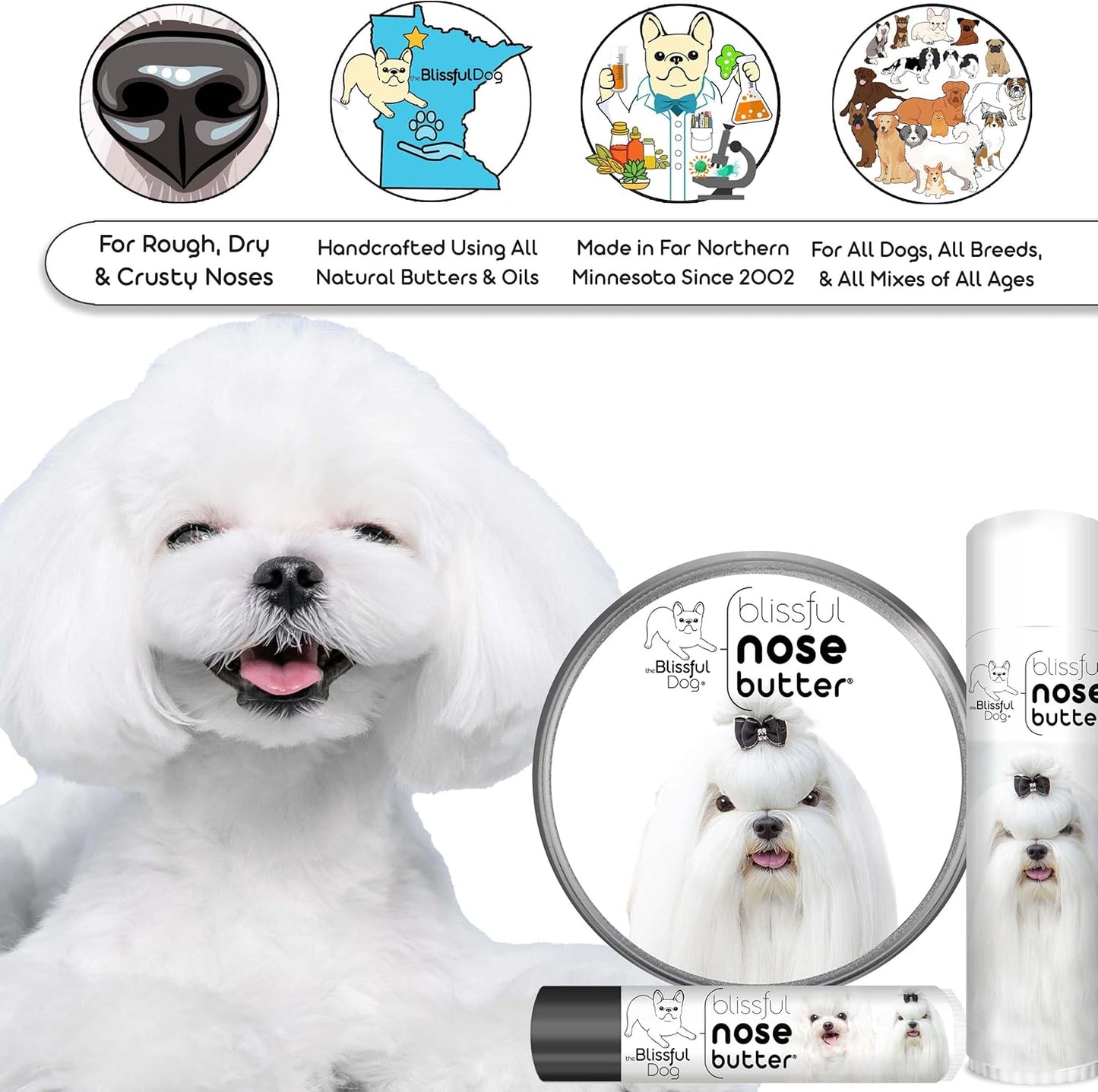 The Blissful Dog Maltese Nose Butter for Dry, Cracked Skin, Lick-Safe Dog Nose Balm with Moisturizing Shea Butter, Almond, Olive, and Essential Oils, Pet Supplies, Uncented, 0.15 oz.