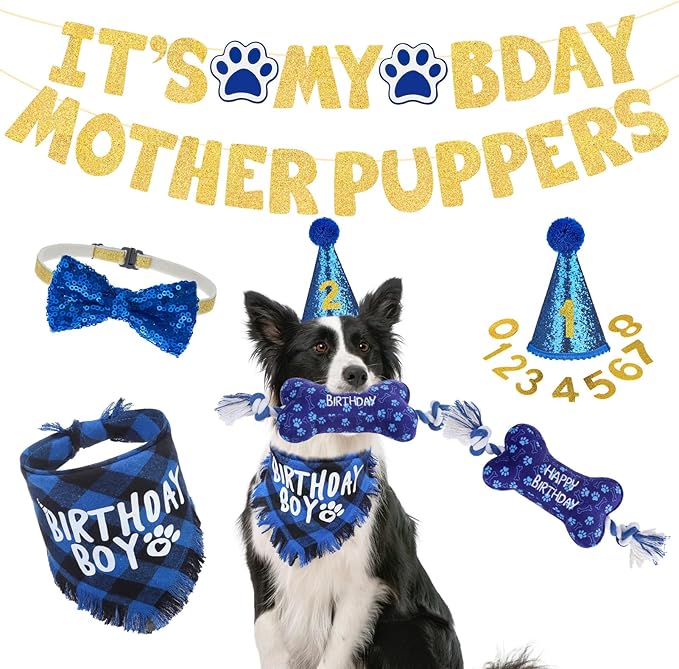 SCENEREAL Dog Birthday Party Supplies, Dog Birthday Bandana Hat Toy Bow Tie Collar Set with Birthday Numbers, Pet Birthday Scarf Accessories Outfit Decorations for Boy Girl Medium Large Dogs, L