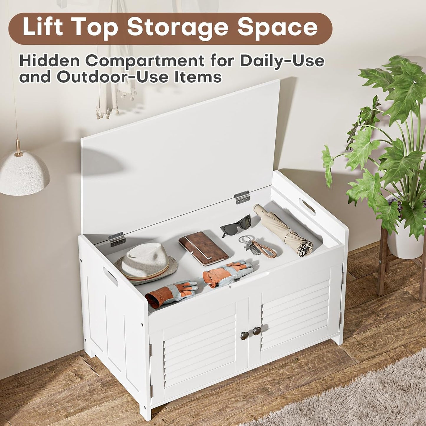 Shoe Storage Bench with Lift Top Storage, Entryway Bench with Cushioned Seat, Adjustable Shelf, 2 Tier Shoe Rack with Doors for Entryway, Bedroom, Hallway, Mudroom, White