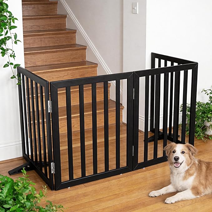 ZJSF Freestanding Indoor Dog Gate for House Foldable Wood Puppy Gate for Doorways Pet Gate for Stairs Extra Wide Pet Fence, Black, 24" Height 2 Panels