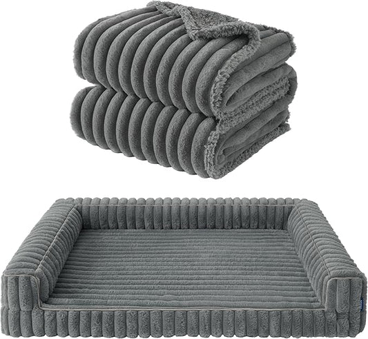 Bedsure ComfyFleece Orthopedic Dog Bed with Waterproof Dog Blanket for Extra Large Dogs, Grey