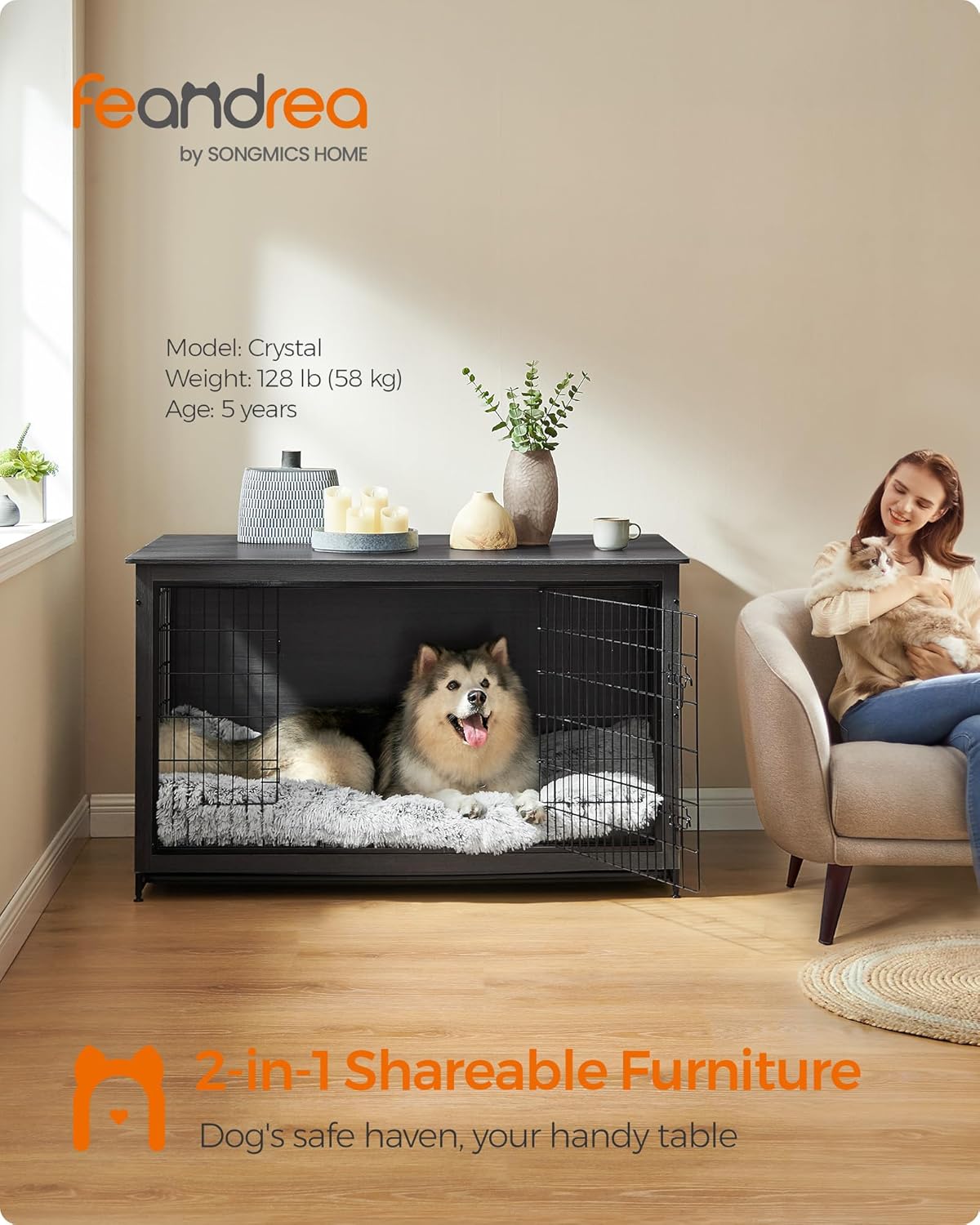 Feandrea Dog Crate Furniture, 56.1" Modern Kennel for Dogs Indoor up to 105 lb, Heavy-Duty Dog Cage with Multi-Purpose Removable Tray, Double-Door Dog House, Ink Black UPFC005B01
