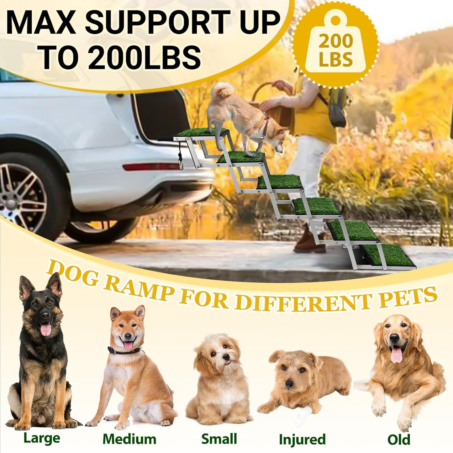 Dog Stairs for Car, Portable Folding Dog Ramps,Dog Steps for Large Dogs with Non-Slip Grass Rug for Cars, SUV, Trucks, Lightweight Pet Ramp Supports Up to 200 lb, 6 Steps
