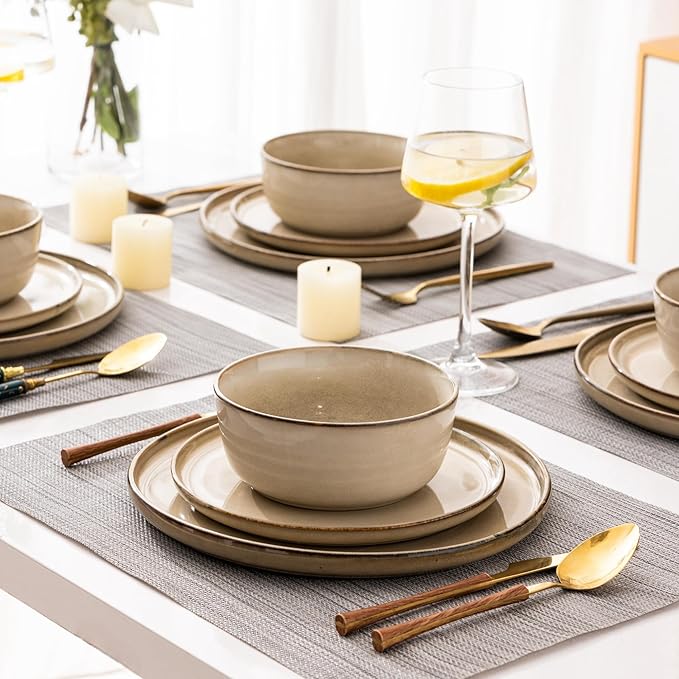 GBHOME Ceramic Dinnerware Sets for 4, 12 Pieces Stoneware Plates and Bowls Sets, Scratch Resistant Dishes, Dishwasher & Microwave Safe, Reactive Glaze-Cappuccino