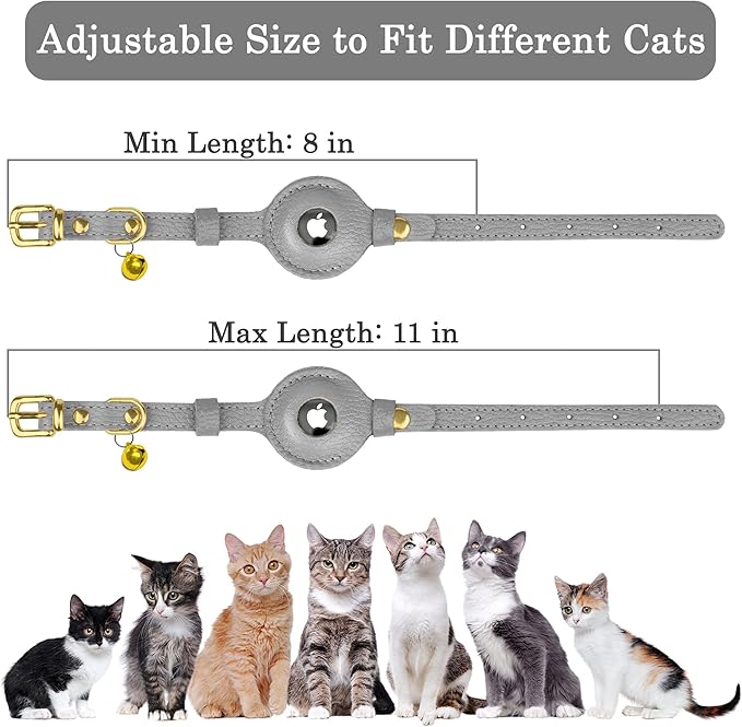 OOPSDOGGY Leather AirTag Cat Collar with Bell - Non Breakaway Kitten Collar with Apple Air Tag Holder - Lightweight GPS Pet Collars for Girl Boy Cats, Small Dogs, Puppies (Gray)