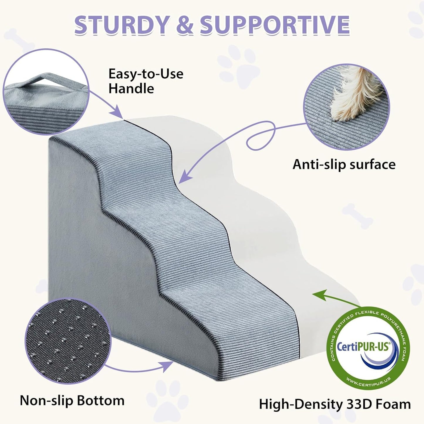 Dog Stairs for Small Dogs, 2-Steps Dog Ramp for Couch, Pet Stairs with Highly Supportive Foam and Non-Slip Bottom, Pet Steps for Cat & Doggie (High 11.8 Inch)