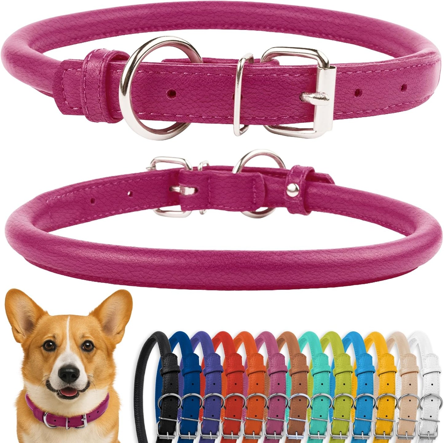 CollarDirect Rolled Leather Dog Collar, Soft Padded Round Puppy Collar, Handmade Genuine Leather Collar Dog Small Large Cat Collars 13 Colors (11-14 Inch, Pink Textured)