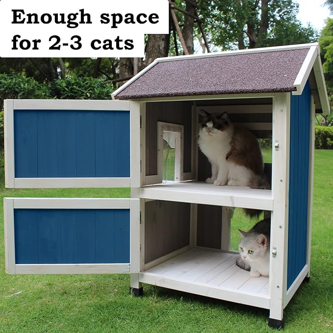 Rockever Outdoor Cat House, Large Outdoor Houses for Feral Cats Wooden Outside Cat Shelter Weatherproof with Escape Door