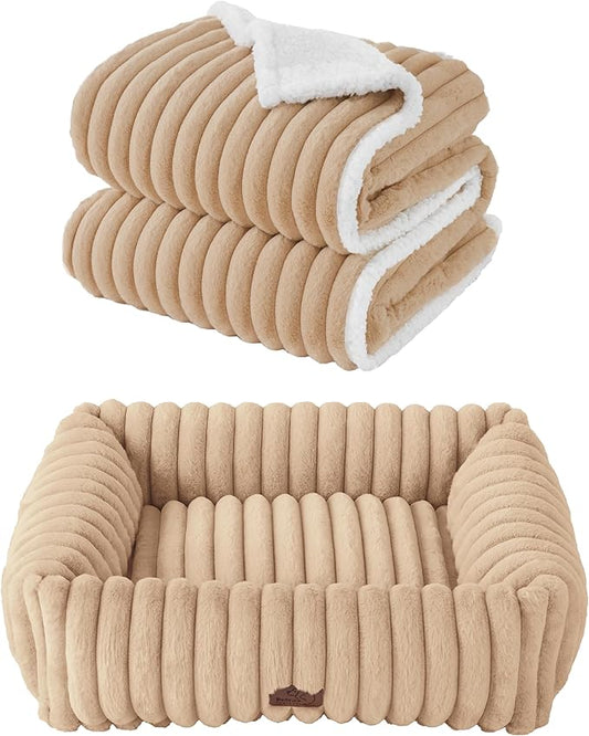 Bedsure Cute Dog Bed for Small Medium Dogs 25x21x7inches Waterproof Dog Blankets for Small Dogs 25"x35" Tuscan Beige